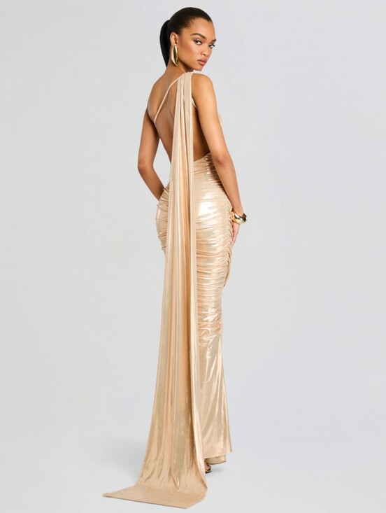 Retrofete Dresses & Skirts - Retrofete Shannon One Shoulder Draped Lame Maxi Dress Latte Large